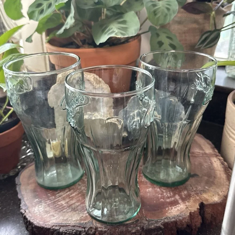 Coca Cola Contour Drinking Glasses Set of 3 Green Embossed Logo 7” Tall Large